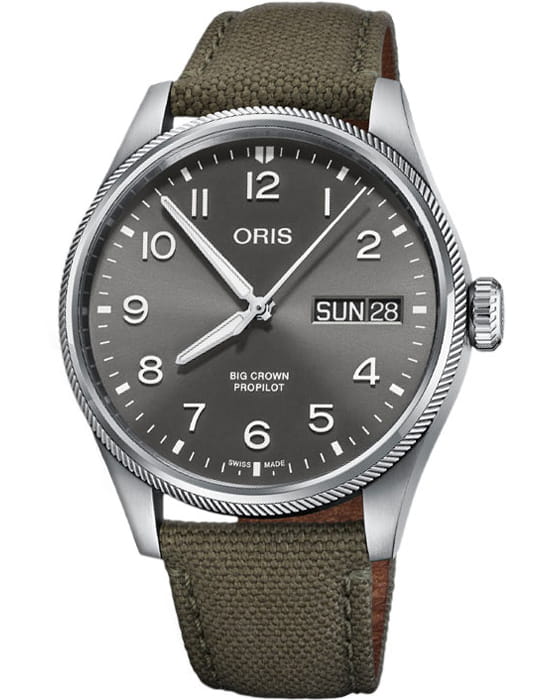 Oris Oris Propilot Big Crown Propilot Big Day Date 01 752 7760 4063-07 3 22 02LC  01 752 7760 4063-07 3 22 02LC механические мужские часы черный циферблат, браслет тканевый — вид спереди